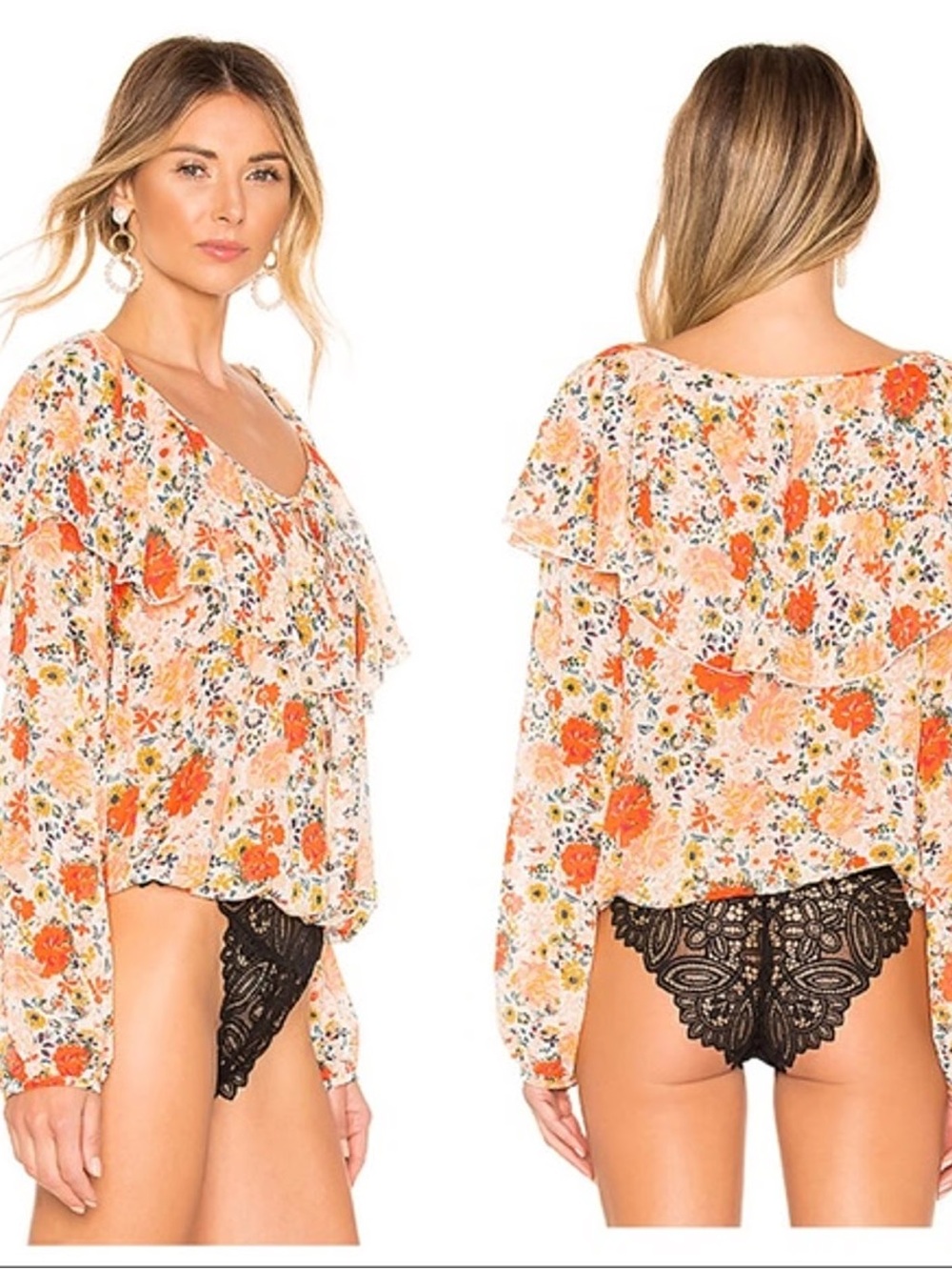 NWT Free People Floral Semi-Sheer Ruffle Long Sleeve Lace Top Bodysuit